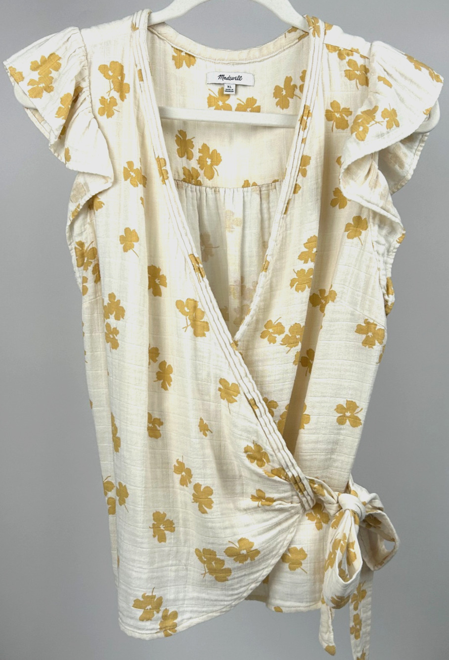 Madewell Cotton Wrap Top XL Antique Cream Autumn Gold Floral Tie Waist EUC